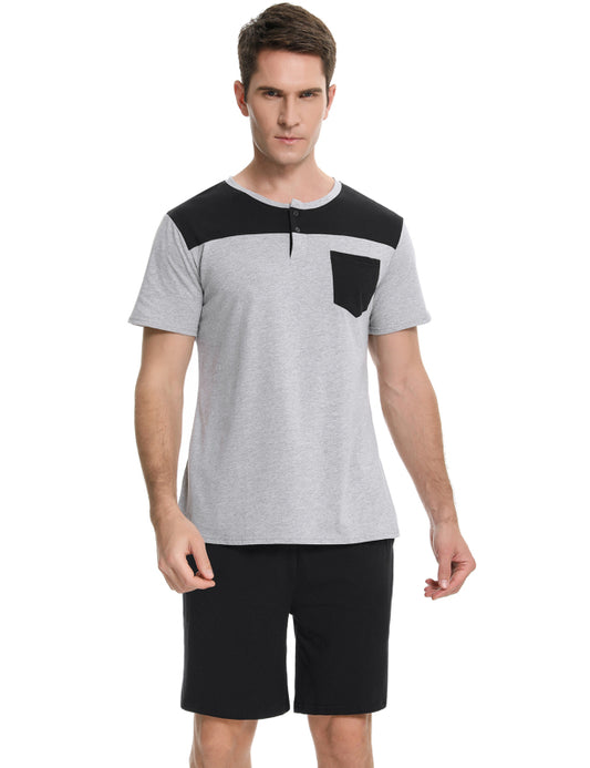 Zarmin Men's Color Block Henley Collar Short Sleeve Top & Shorts Set, Pajama Loungewear