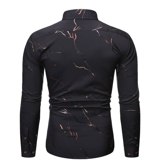 Zarmin Men's Stand Collar Line Foil Print Long Sleeve Shirt